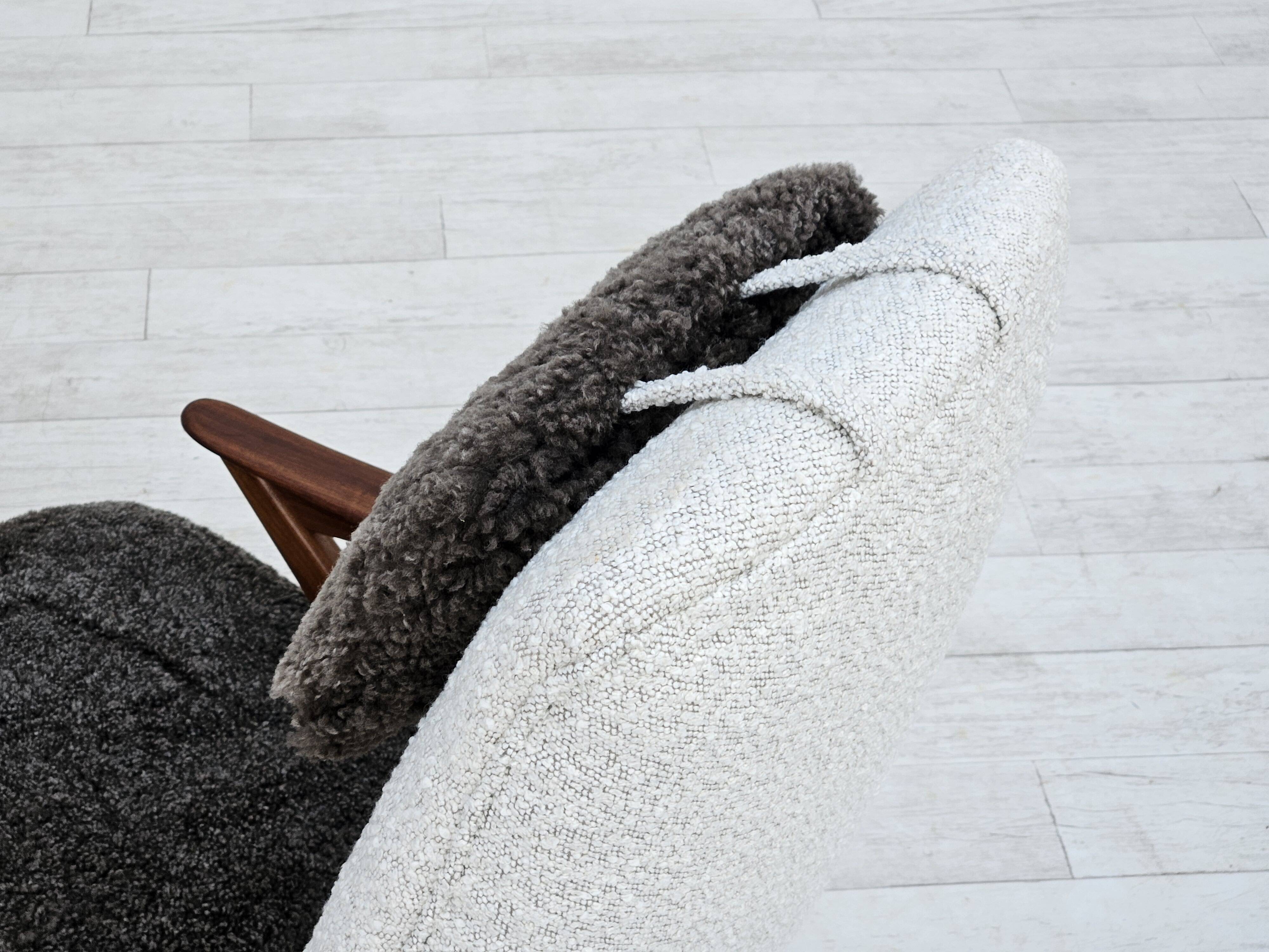 1960s, Scandinavian design, reupholstered armchair, furniture fabric, genuine sheepskin, teak.