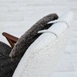 1960s, Scandinavian design, reupholstered armchair, furniture fabric, genuine sheepskin, teak.