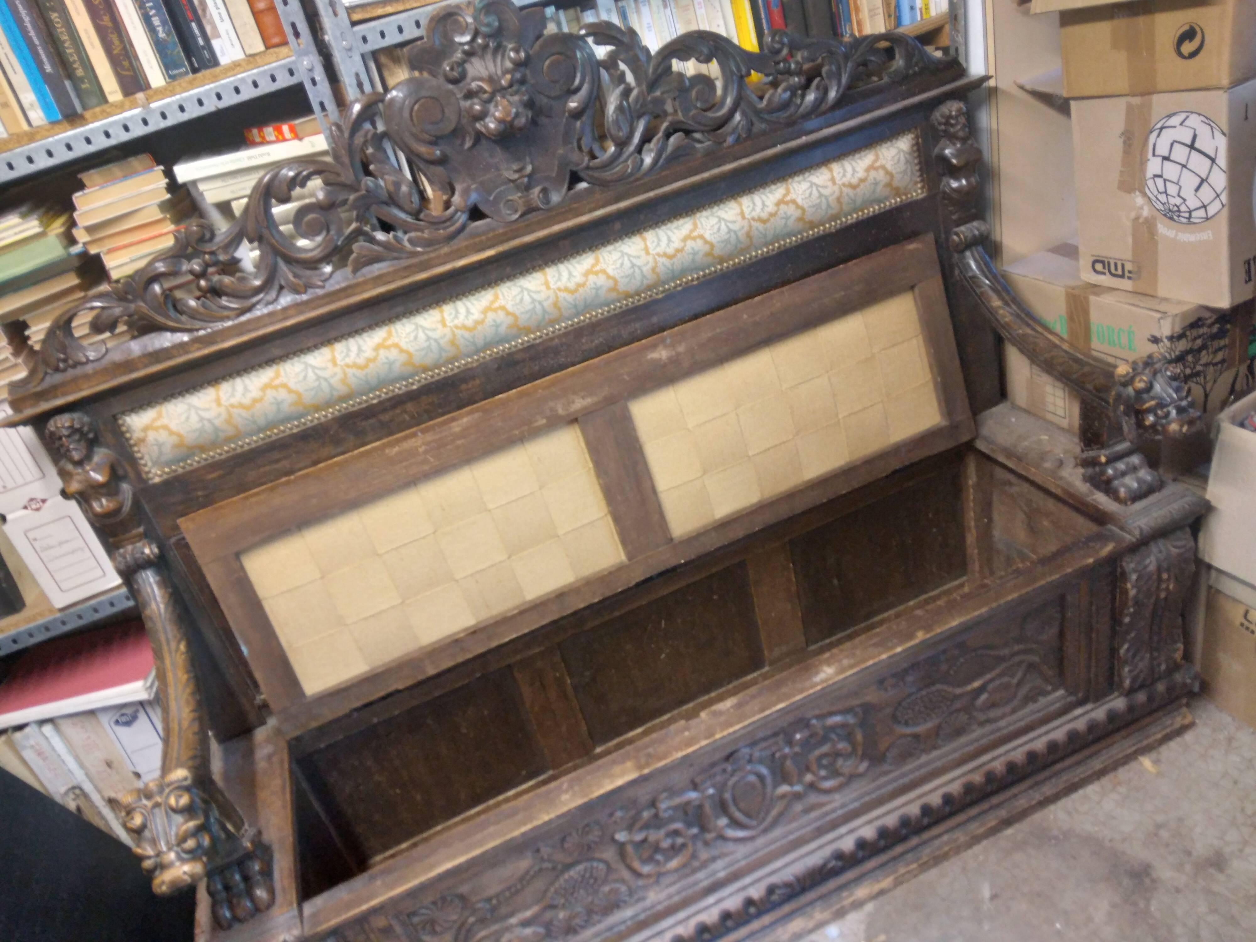 19th century carved wooden chest bench