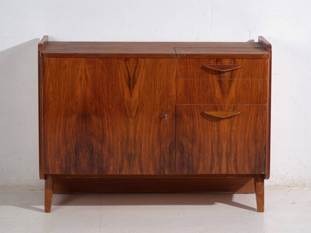 Mid-century walnut veneer sideboard with triangular handles – Czechoslovakia, circa 1960