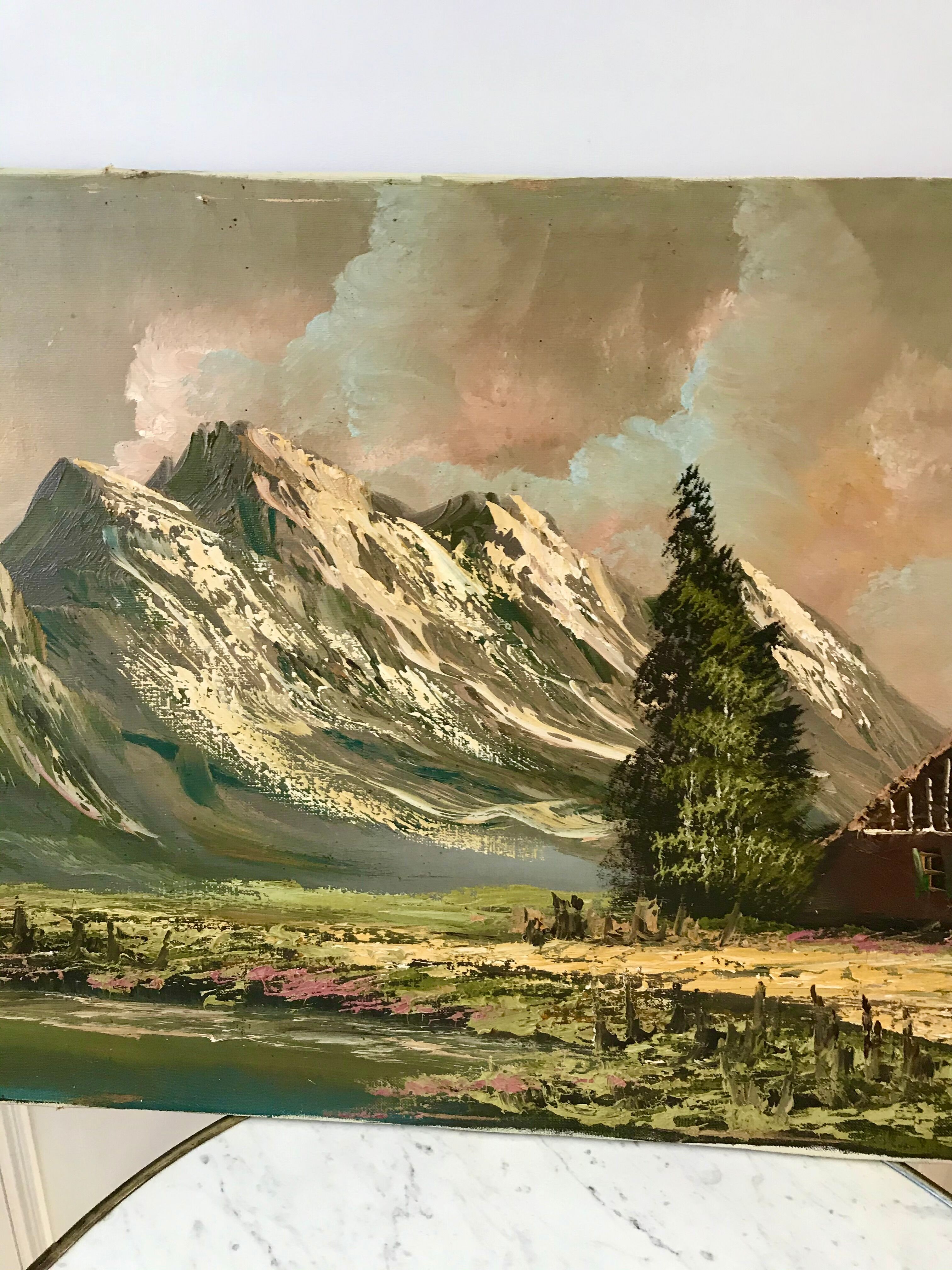 Oil painting on canvas landscape vintage mountains signed mollin