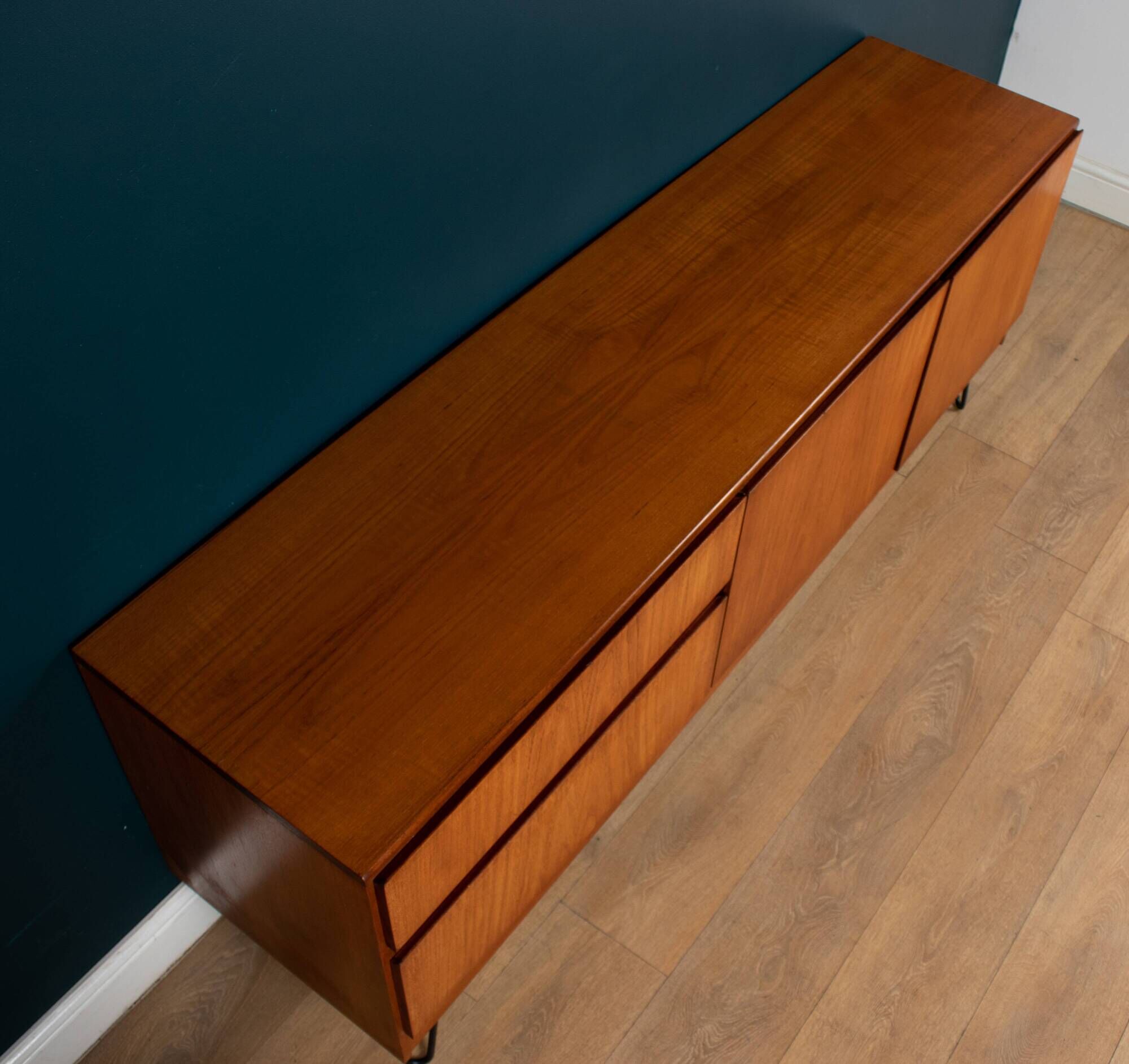 Retro Teak 1960s White & Newton Style S Form Sideboard Cabinet On Hairpin Legs