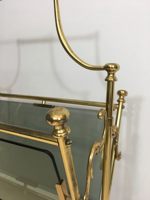 Neoclassical magazine rack in brass and blue glass