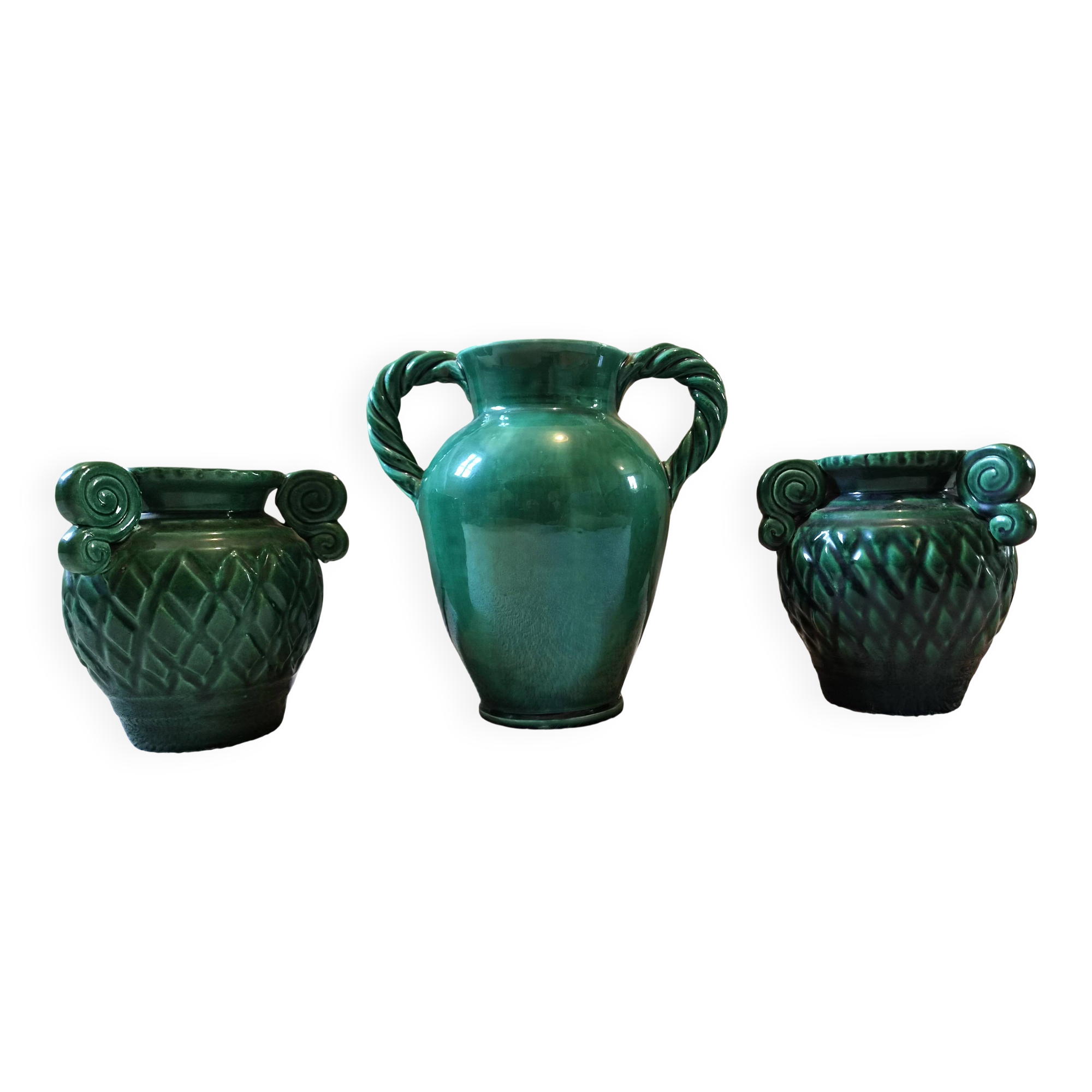 Vintage Vallauris trio of emerald green vases from the 50s/60s.