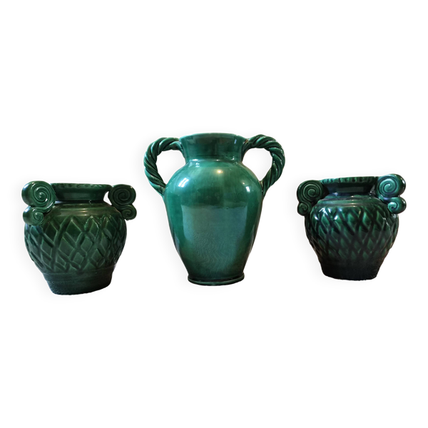 Trio de vases Vintage Vallauris vert émeraude années 50/60