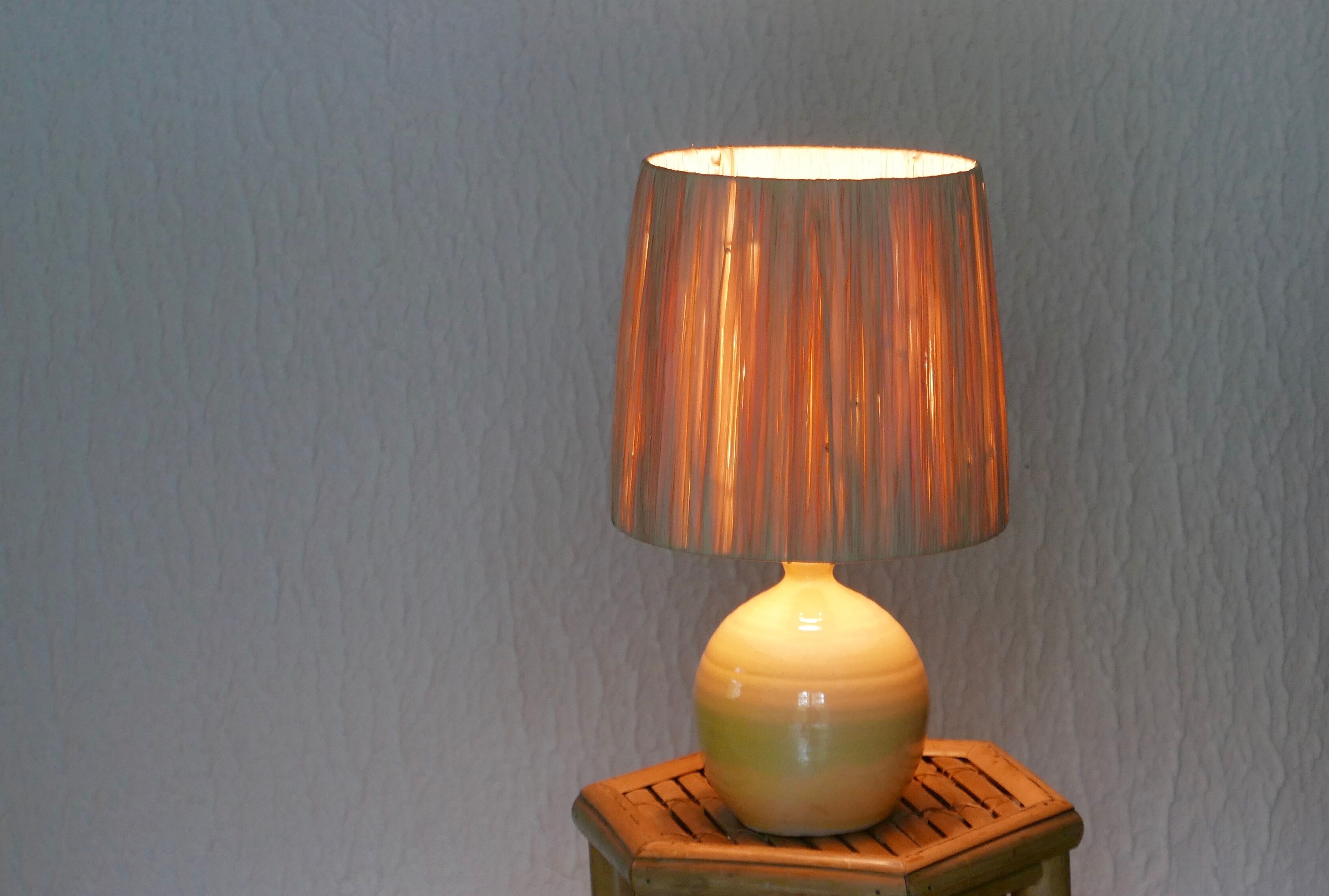 Yellow ceramic lamp, raffia lampshade, 60s