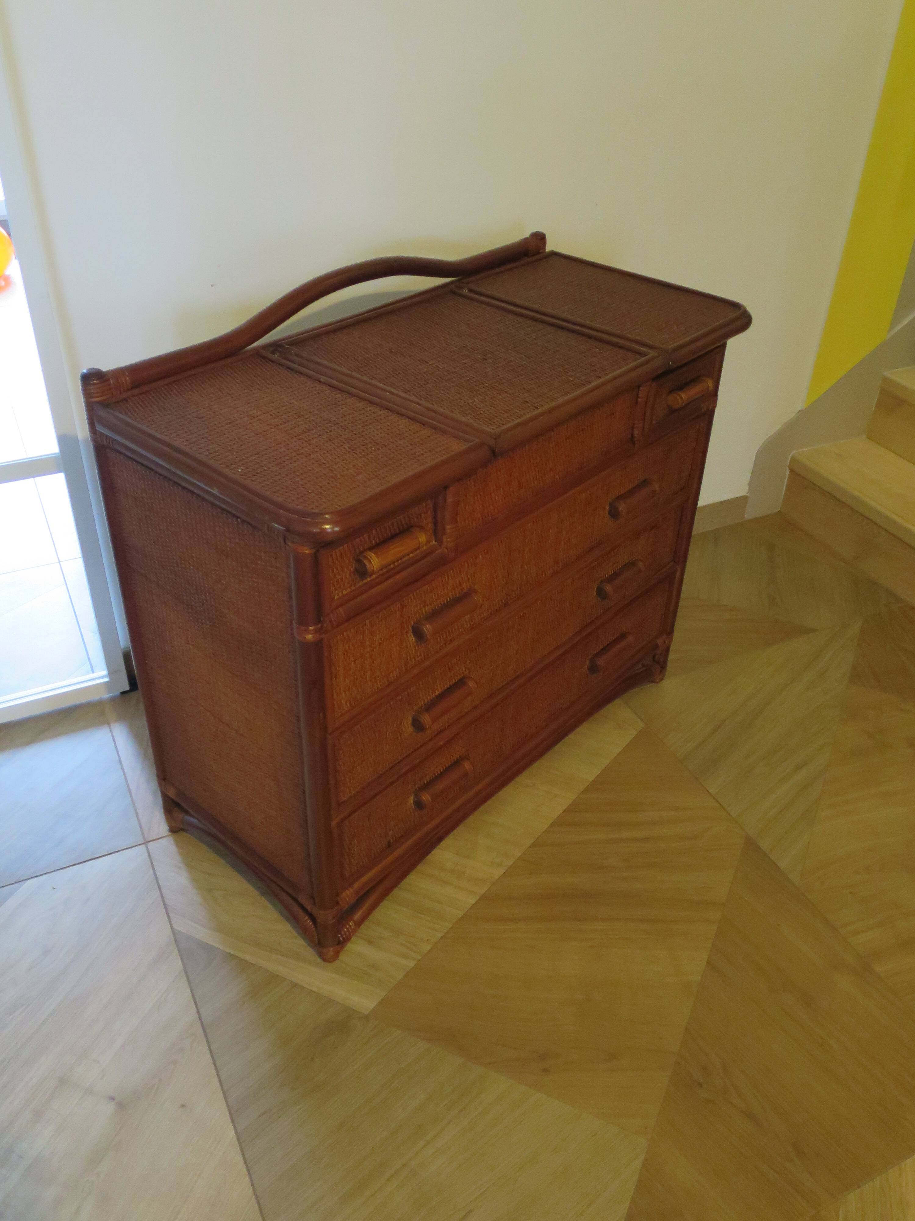 Vintage dressing table/chest - woven rattan - 5 drawers - mirror - 1960s/70s