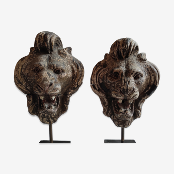 Pair of 19th century wooden lion heads