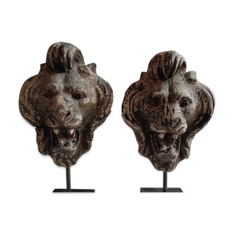 Pair of 19th century wooden lion heads