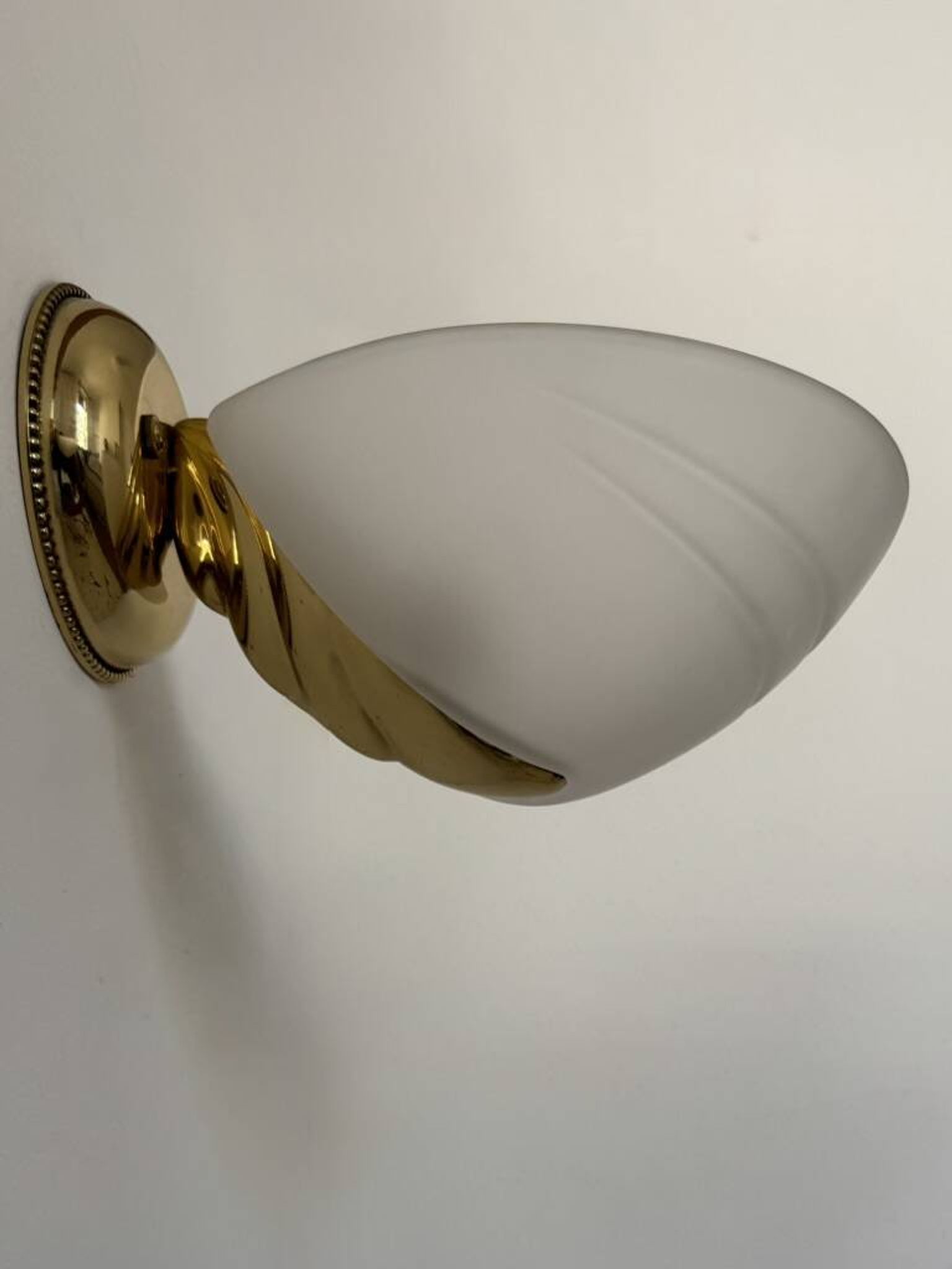 Pair of vintage brass and frosted glass wall lights, Italy 1970.