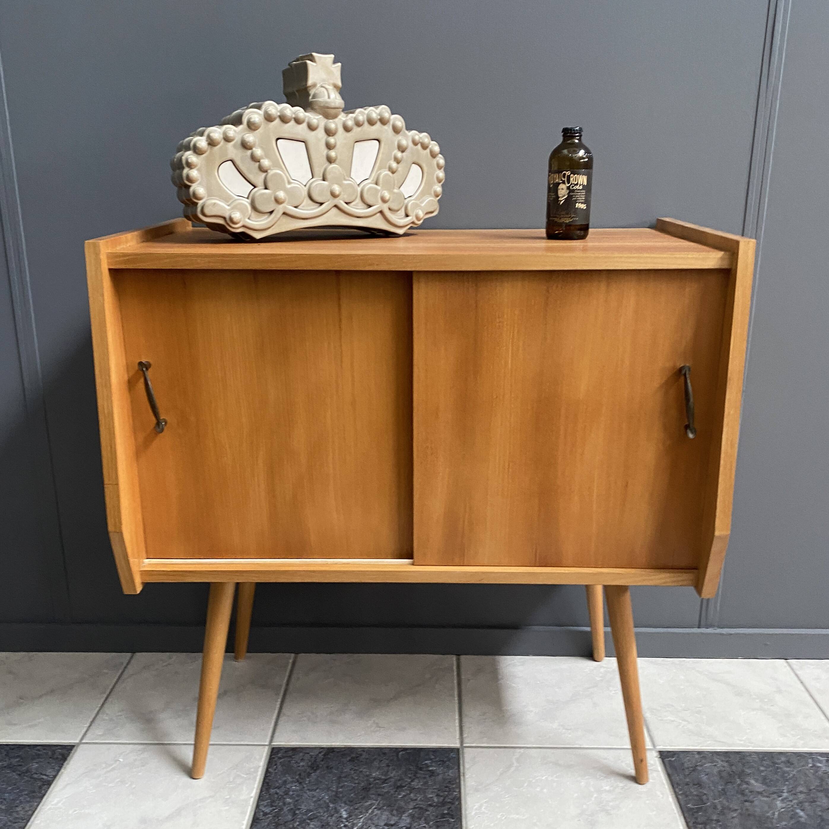1960s blond wood wardrobe with 2 sliding doors
