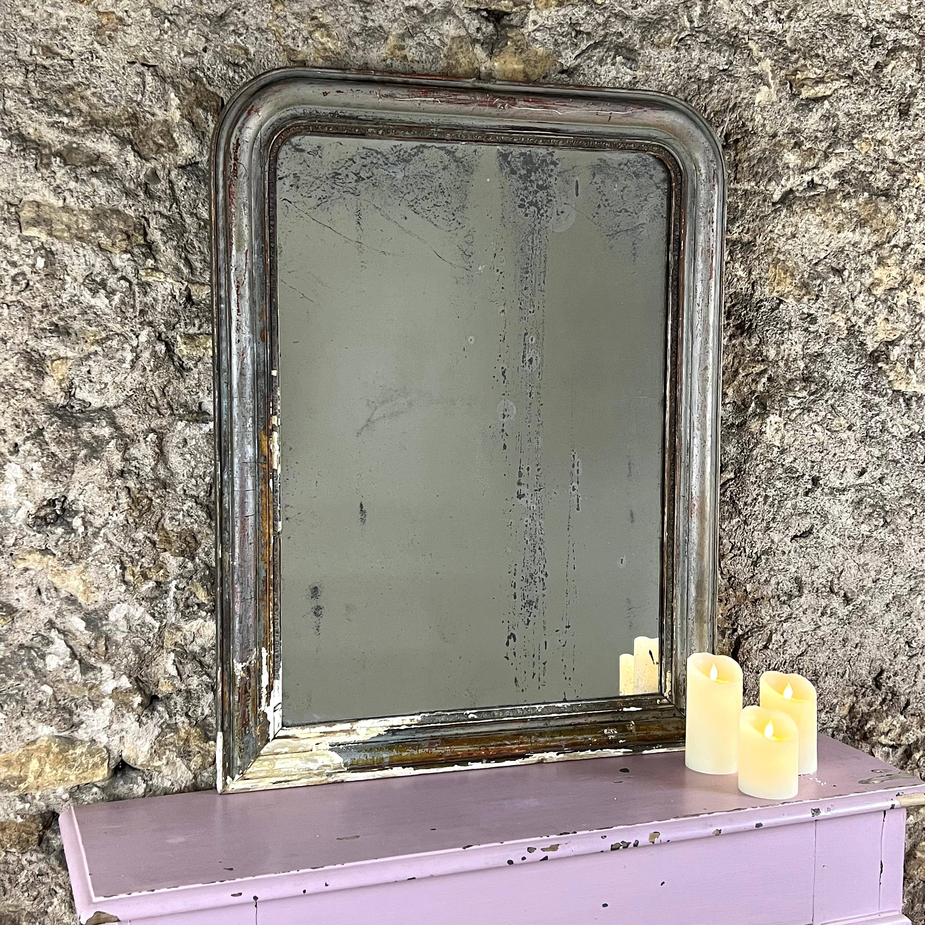 Antique Louis-Philippe Mirror, 19th Century, Shabby Silver Patina