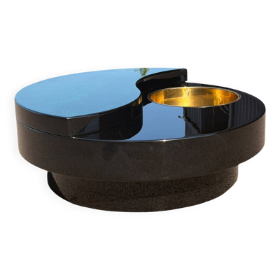 Table basse Willy Rizzo Yin-Yang - Laque, laiton & verre (Circa 70)