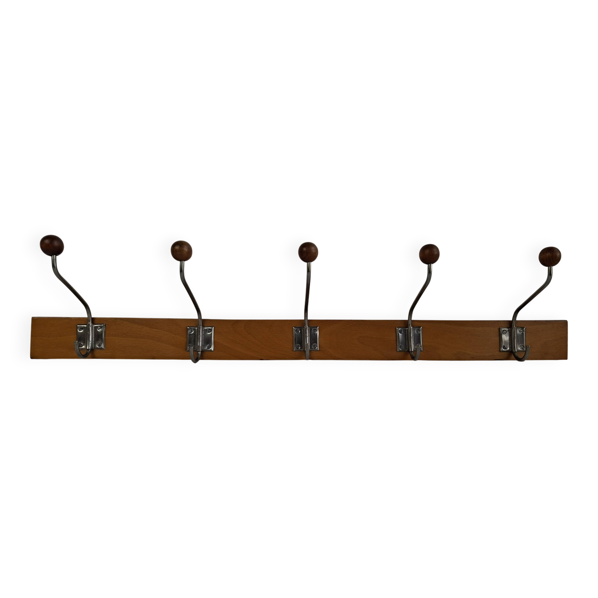 Czechoslovak Midcentury Wooden and Metal Wall Coat Rack, 1960s