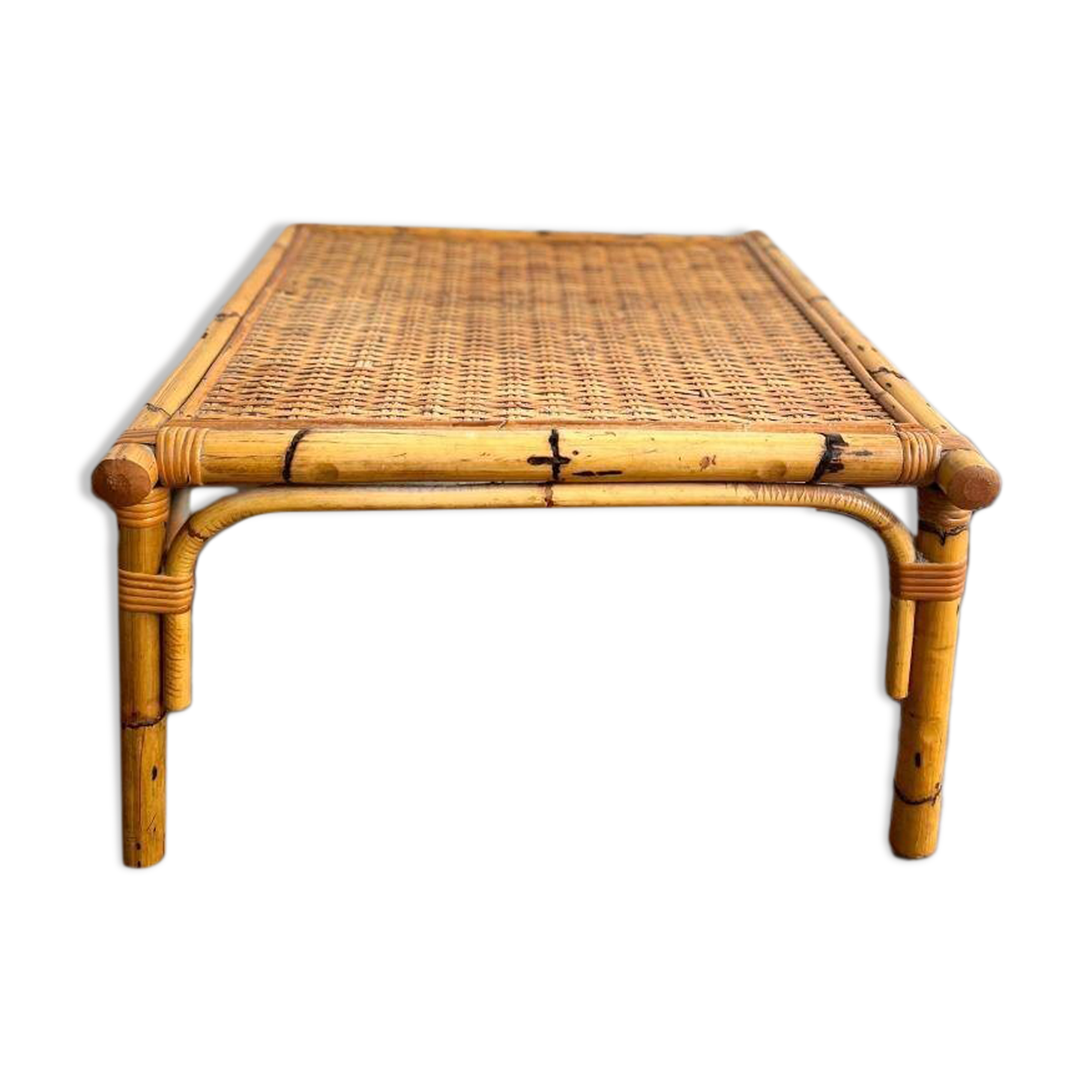 VINTAGE BAMBOO SQUARE COFFEE TABLE / COFFEE TABLE WITH RATTAN
