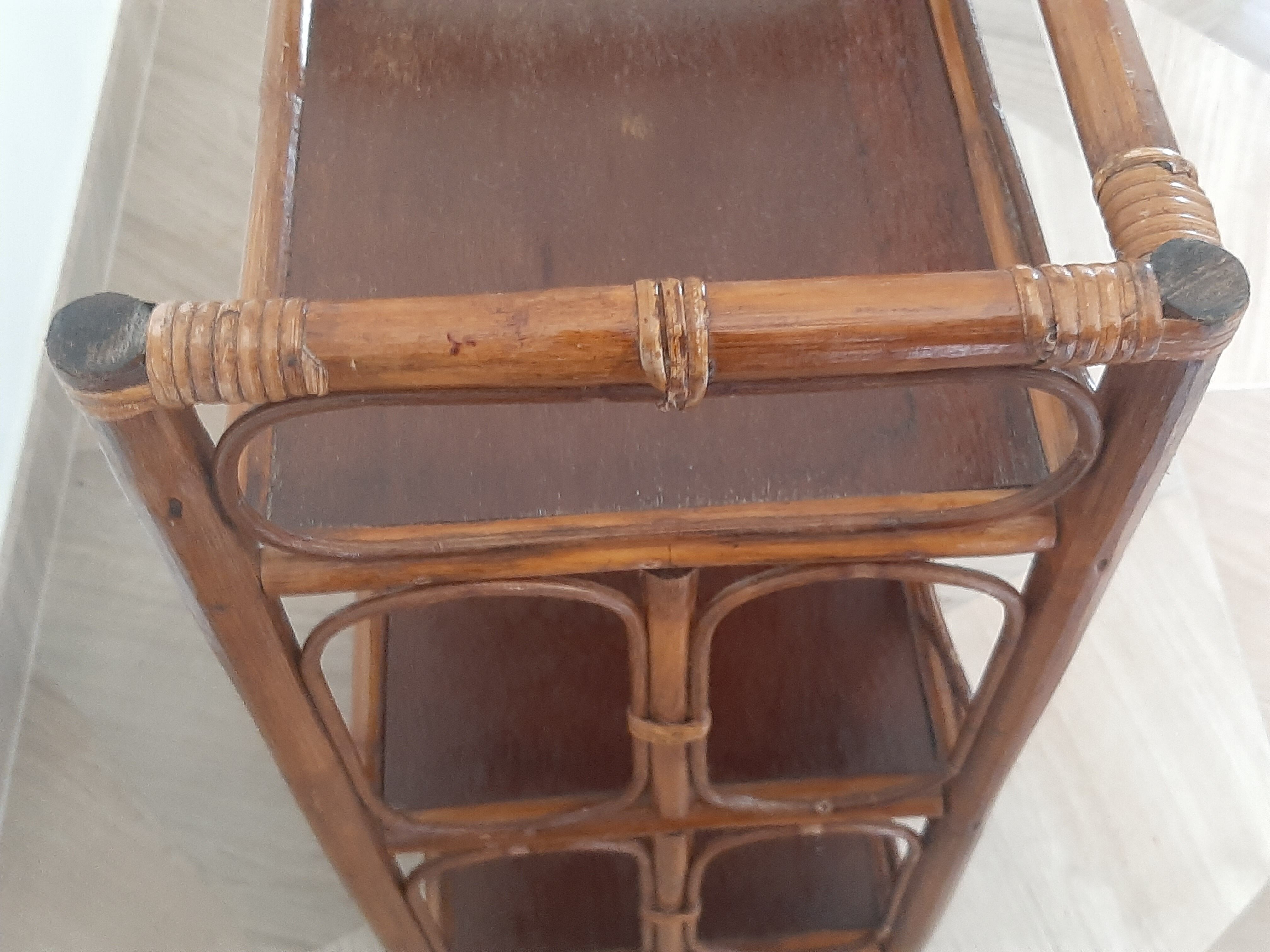 Vintage - set of 2 shelves of wooden floor, bamboo and rattan - 3 levels- retro 80s