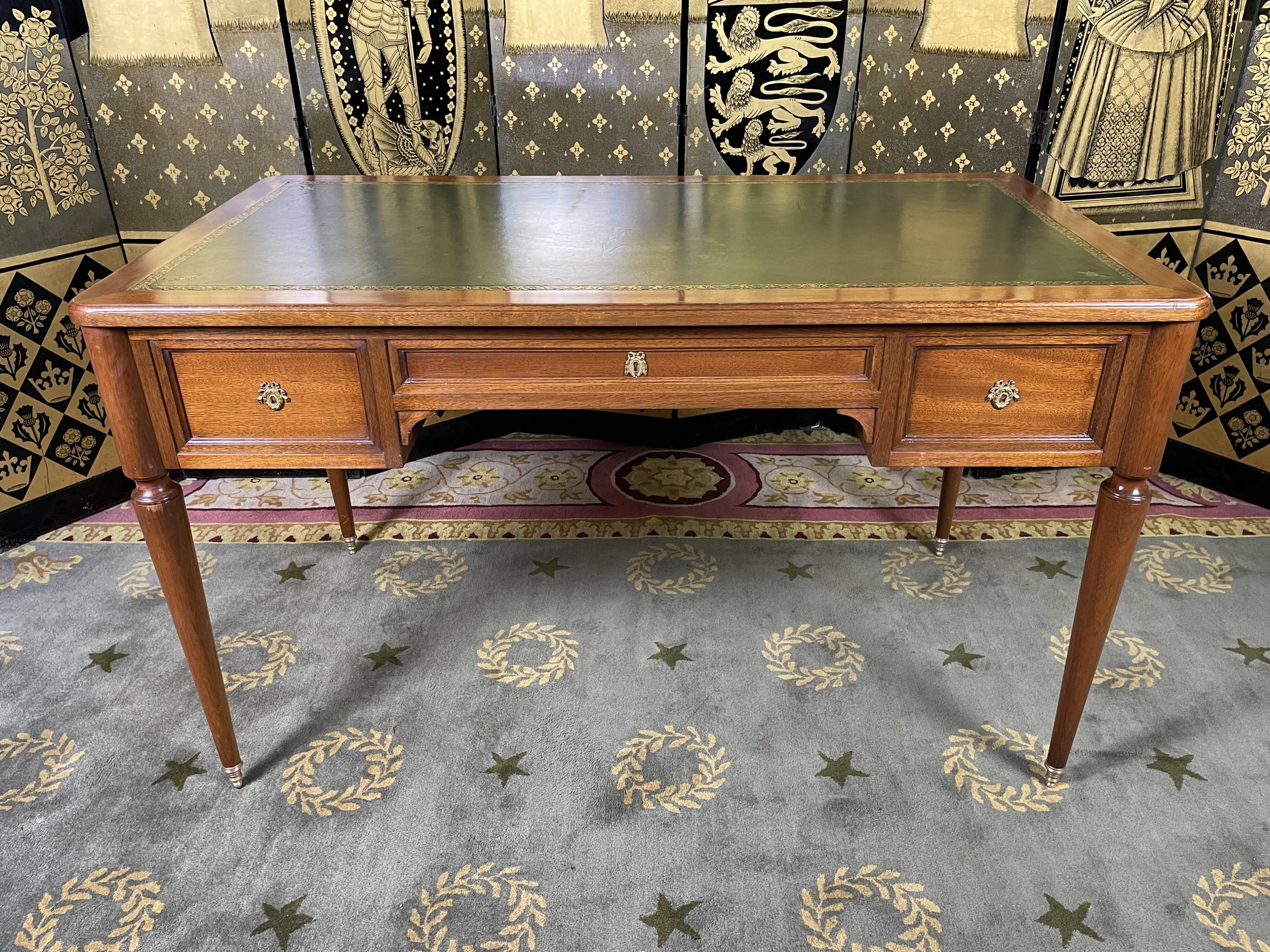 Louis XVI style flat desk in mahogany and green leather