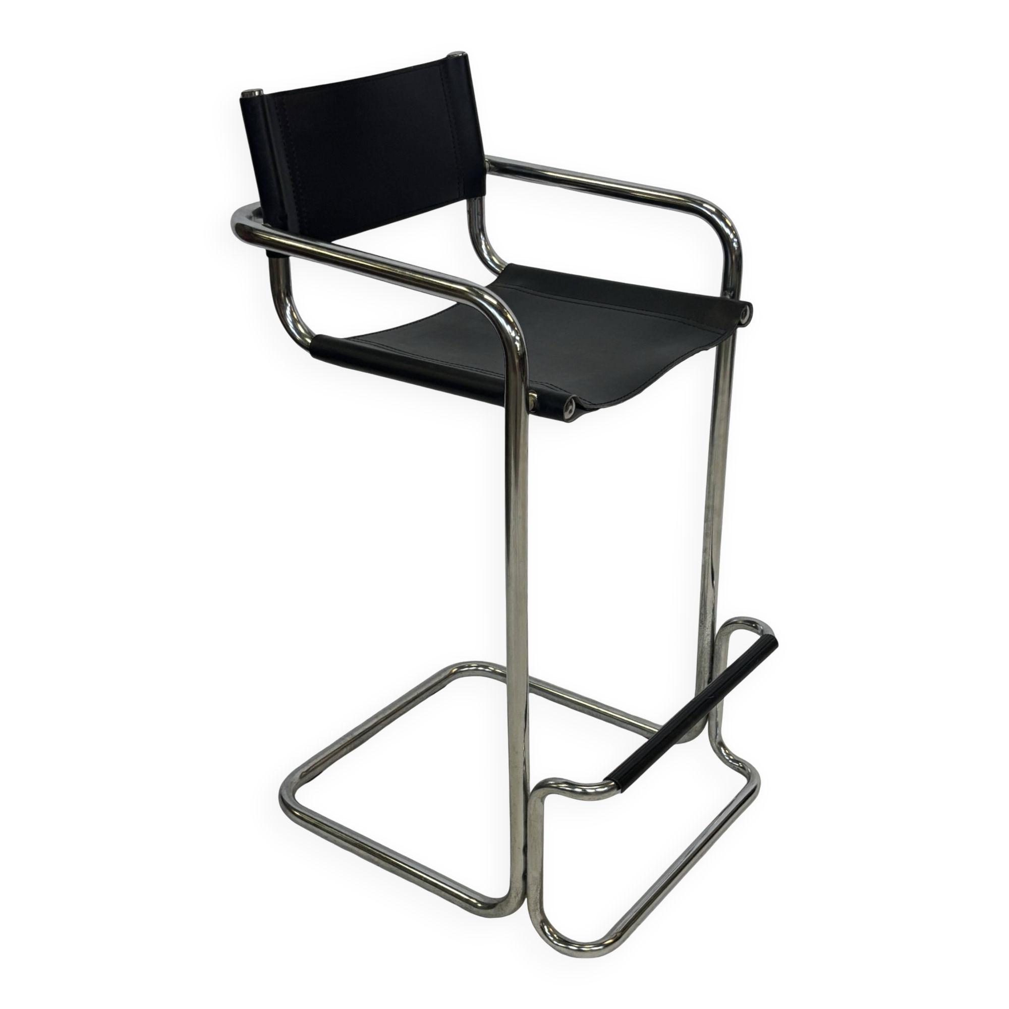 Tabouret de bar vintage en cuir noir et chrome, Italie