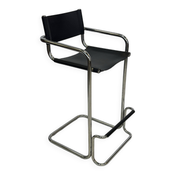 Vintage Black Leather & Chrome Italian Modern Barstool