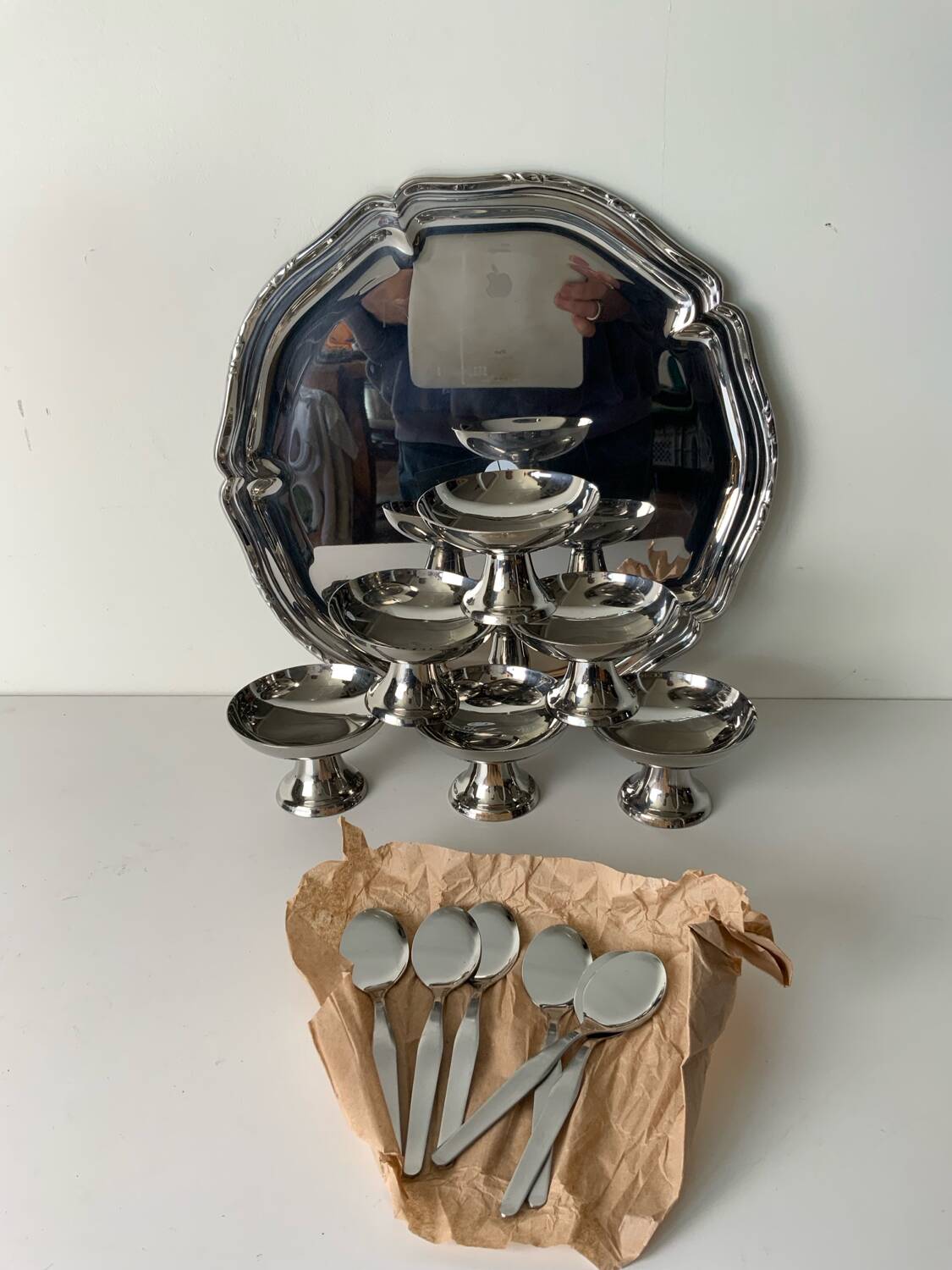 Vintage stainless steel ice cream bowls and tray