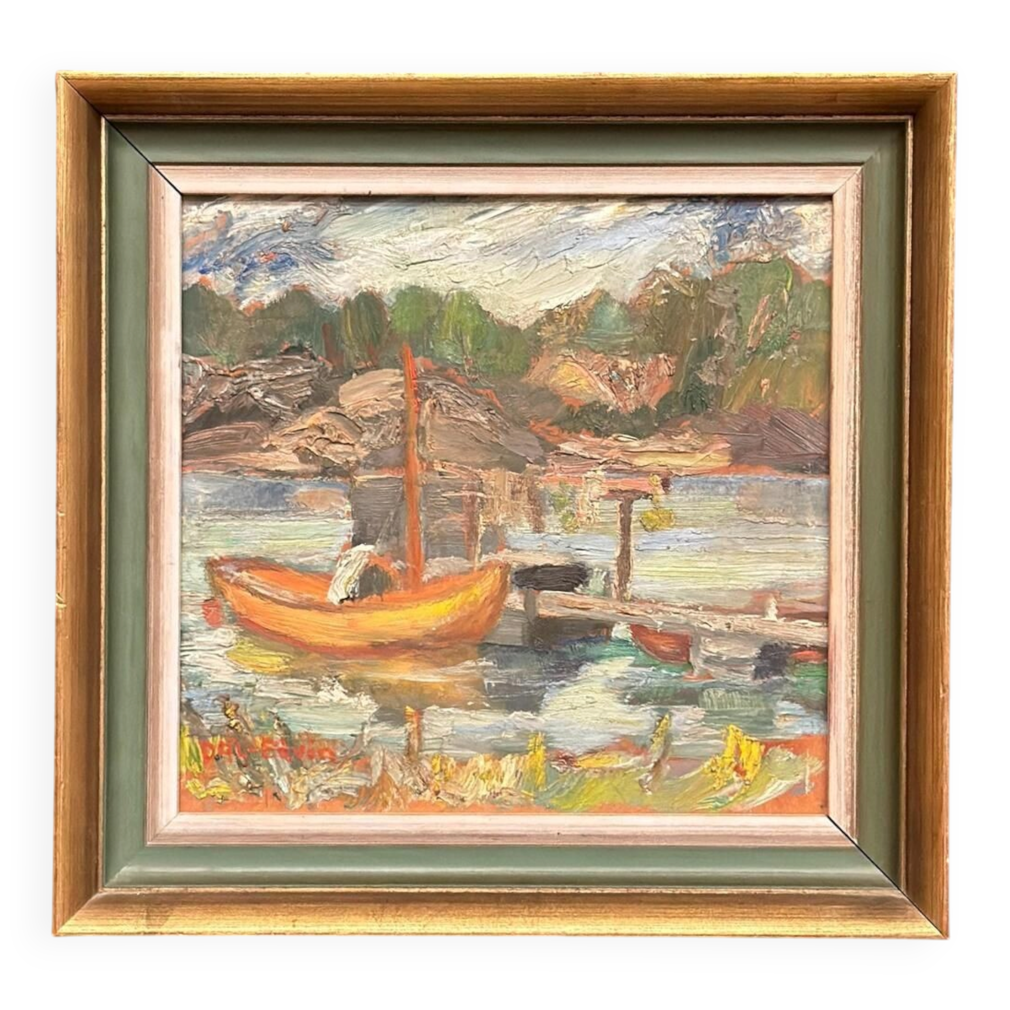 Original Swedish Oil On Panel – “Dock” By Dal‑Edvin – Signed – Vintage & Framed – 31 × 30 Cm (12.2" × 11.8")