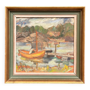 Huile sur panneau originale – “Dock” par Dal-Edvin – Signée – Vintage et encadrée – 31 × 30 cm (12,2" × 11,8")