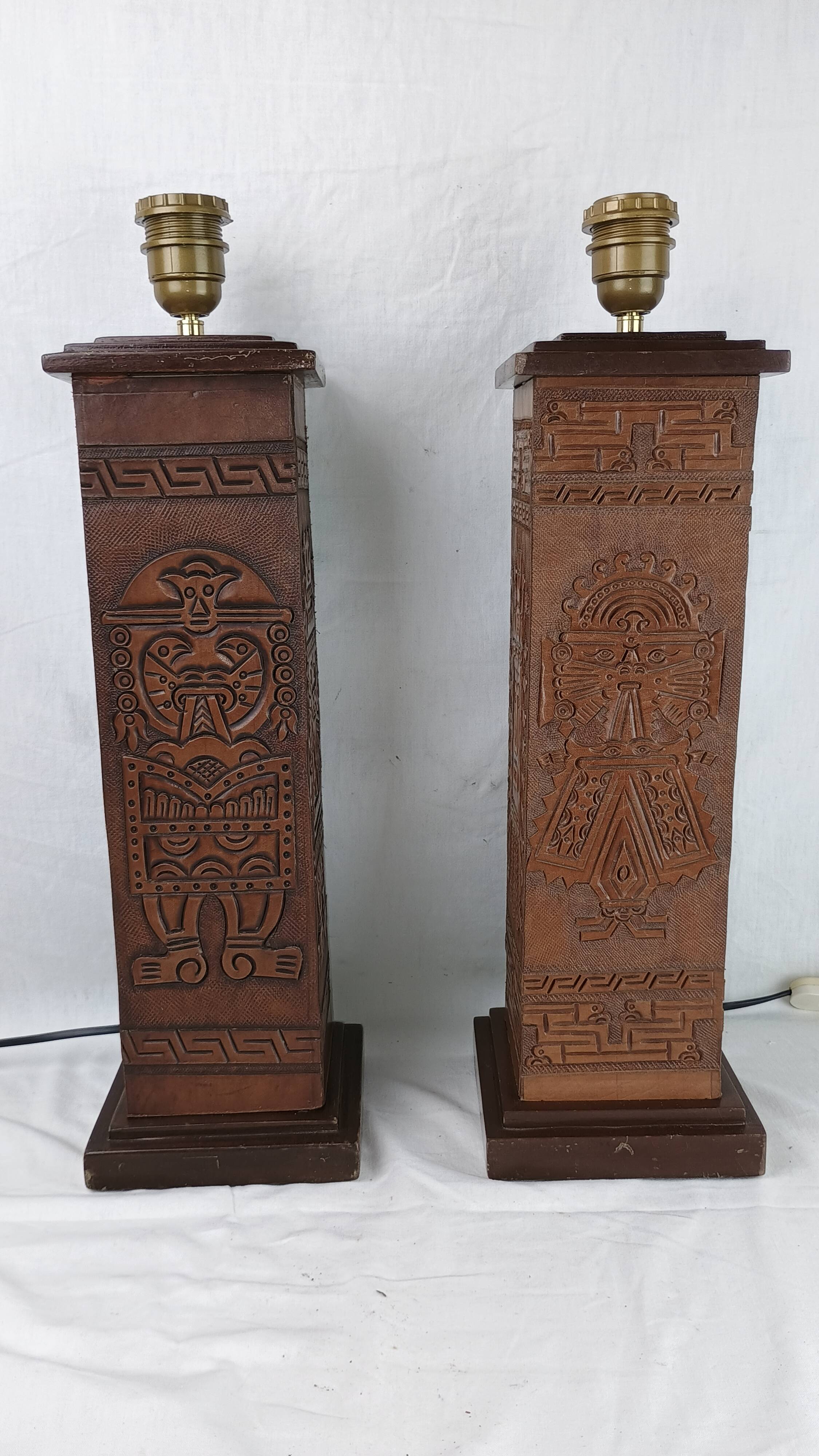 Pair of Kaiser Leuchten Totem Lamps in Vintage Aztec Inca or Mayan Leather