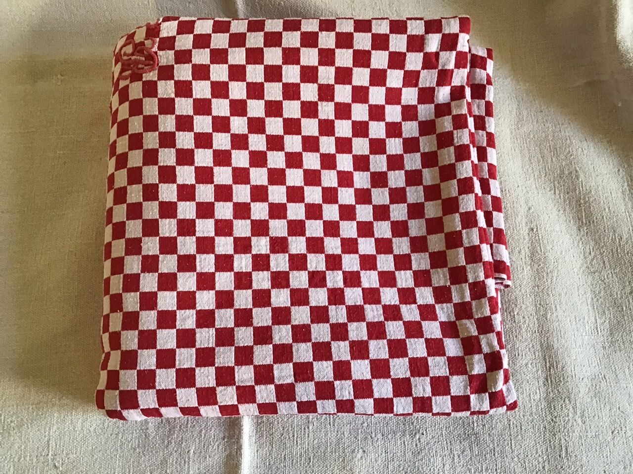Long vintage red and white country tablecloth