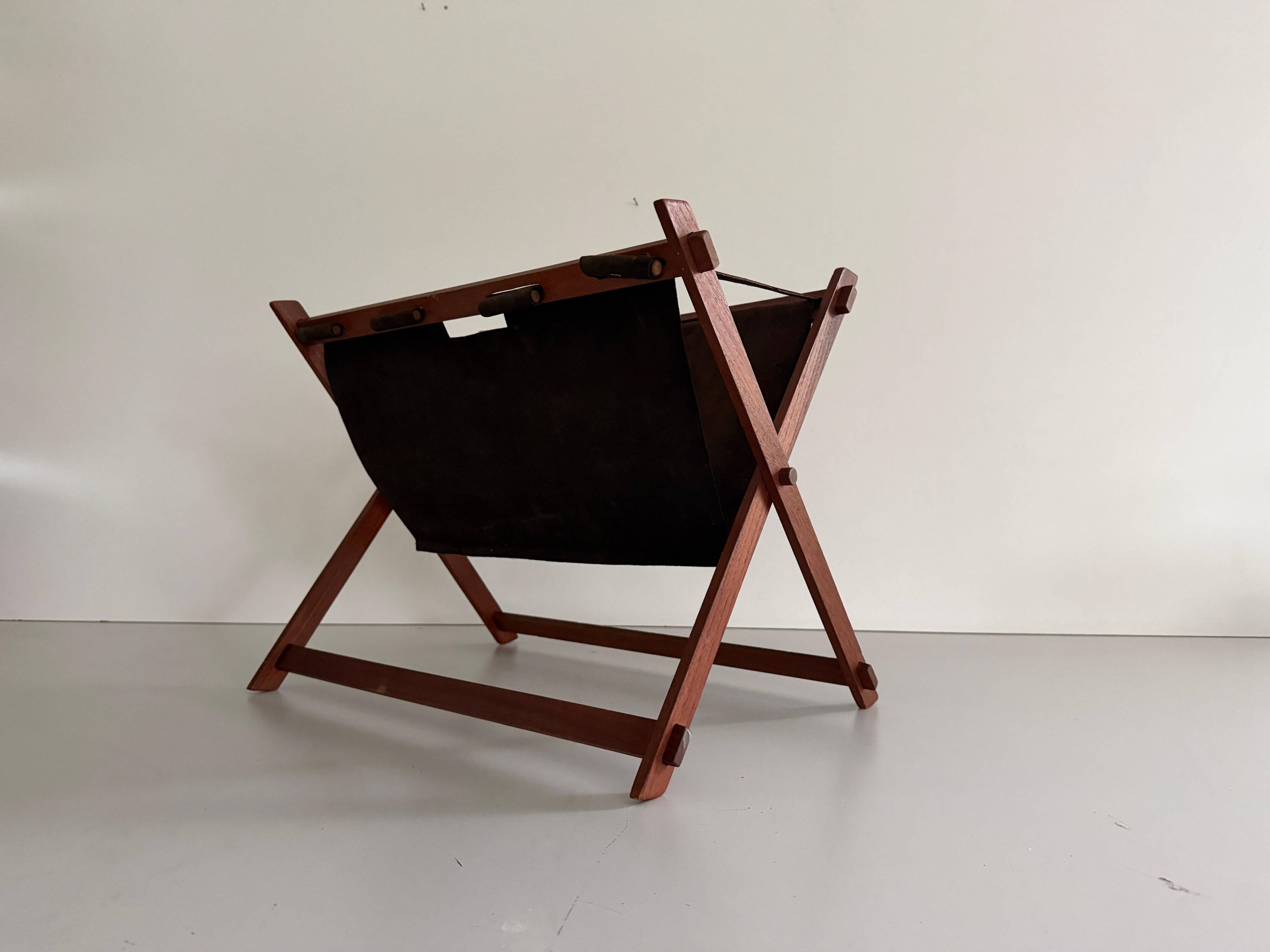 Support stand for mid-century teak and suede magazines and newspapers, 1960, Germany.