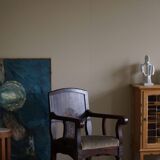 Hand-carved oak and velvet armchair, Danish furniture maker, Art Nouveau, 1939