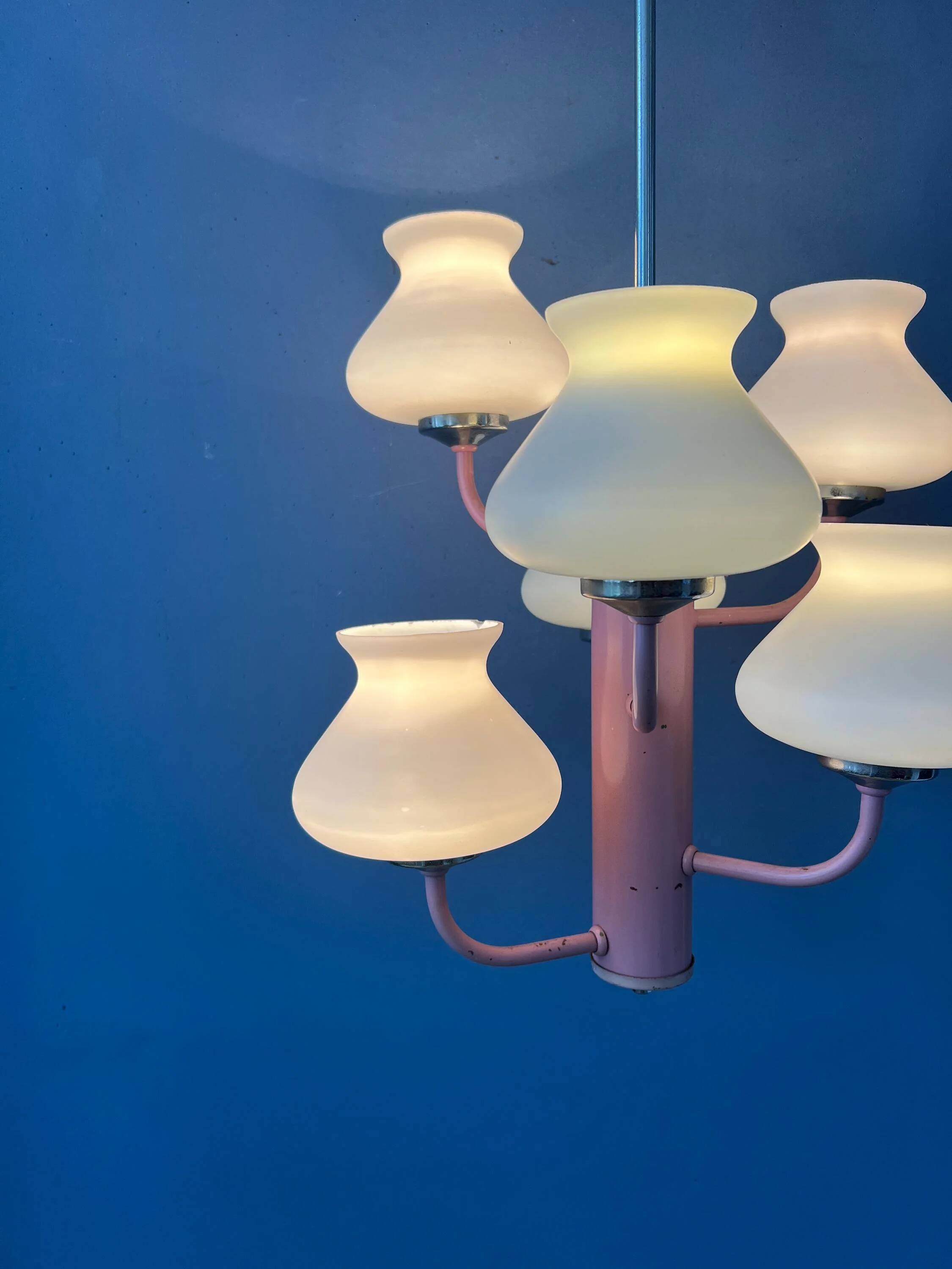Mid-century opaline glass chandelier with a pink structure.