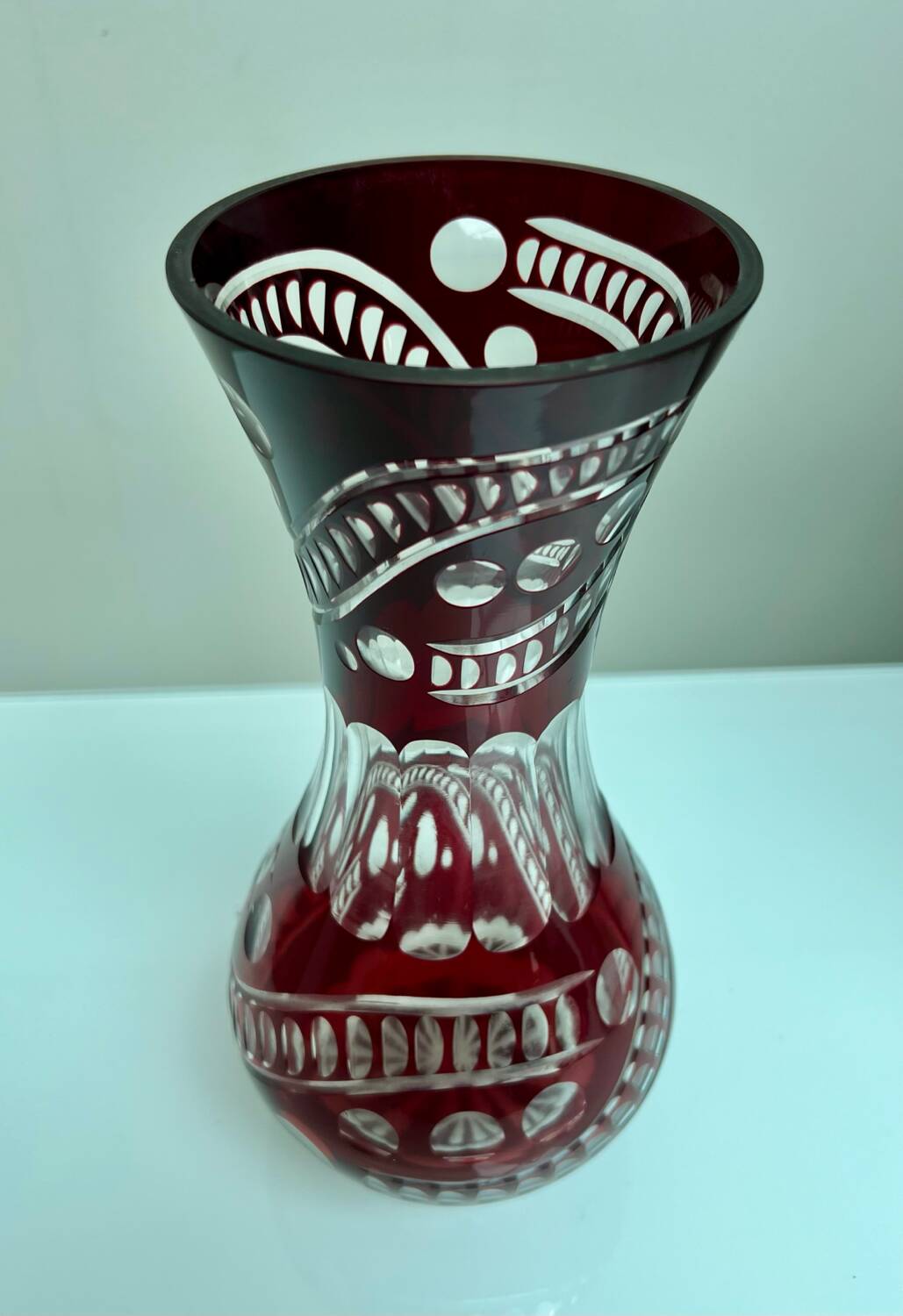 Bohemian crystal vase in ruby red color