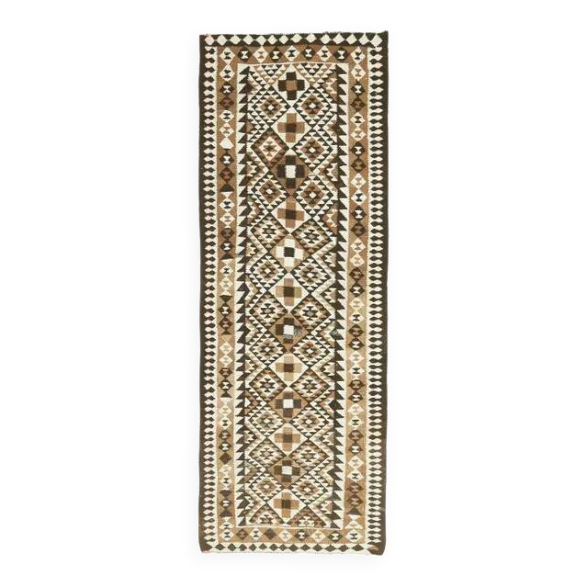 1970s Vintage Turkish Hand-Knotted Wool Cotton White Runner Rug 98x284