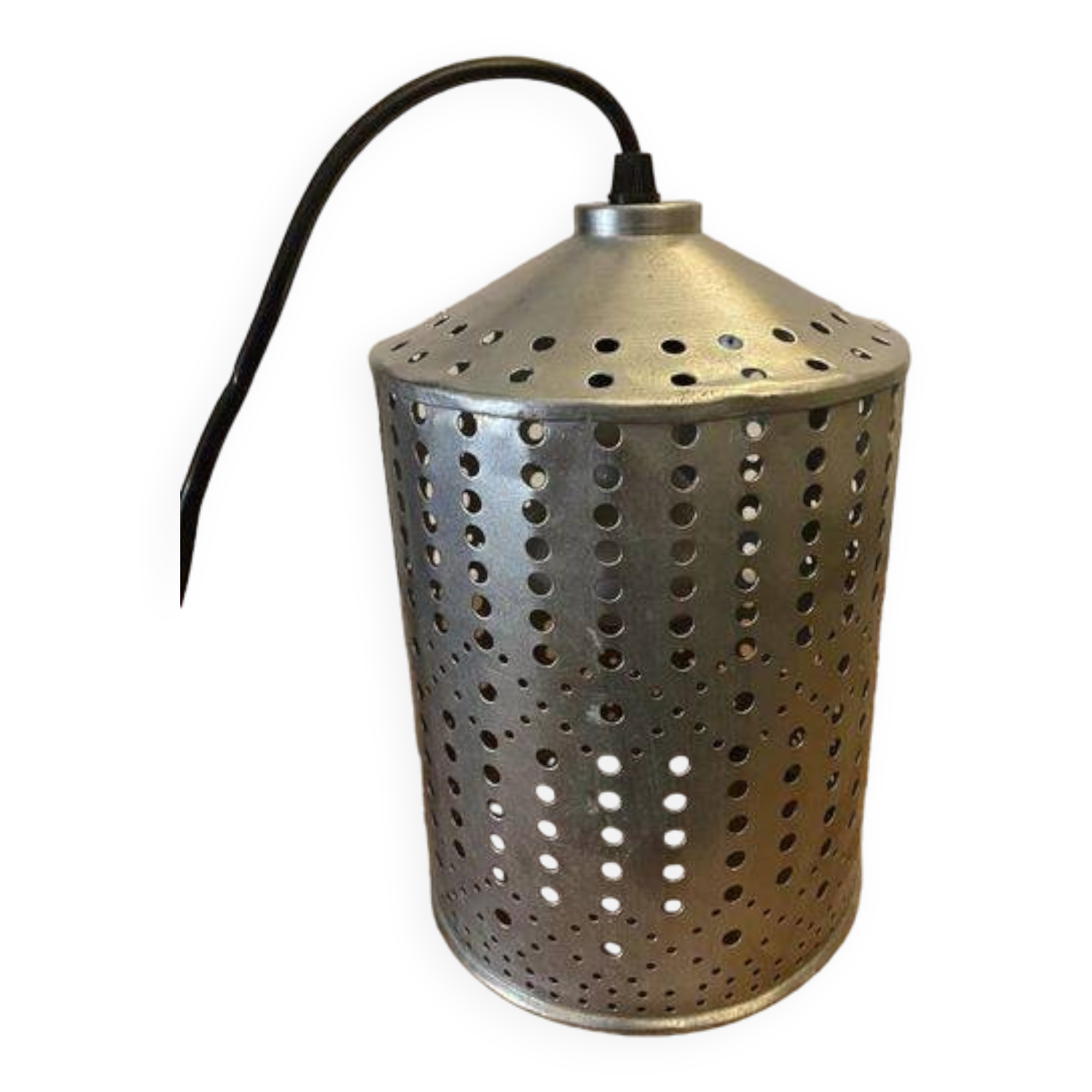Industrial pendant lamp in perforated gray metal