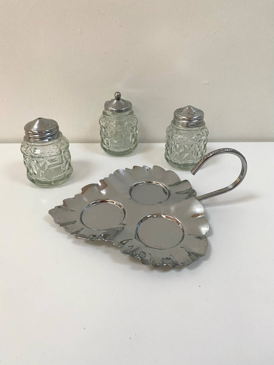 Vintage glass and silver-plated condiment set
