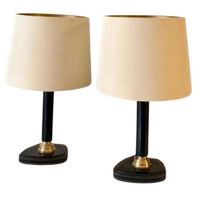 1950s Jacques Adnet Table Lamps in Navy Blue Leather & Bronze