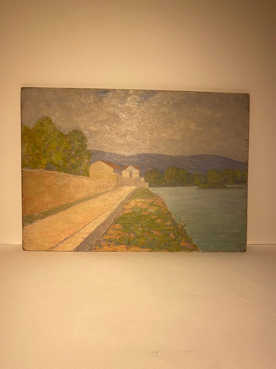 Tableau ancien, double face, paysage bord de Saône, début XX siècle