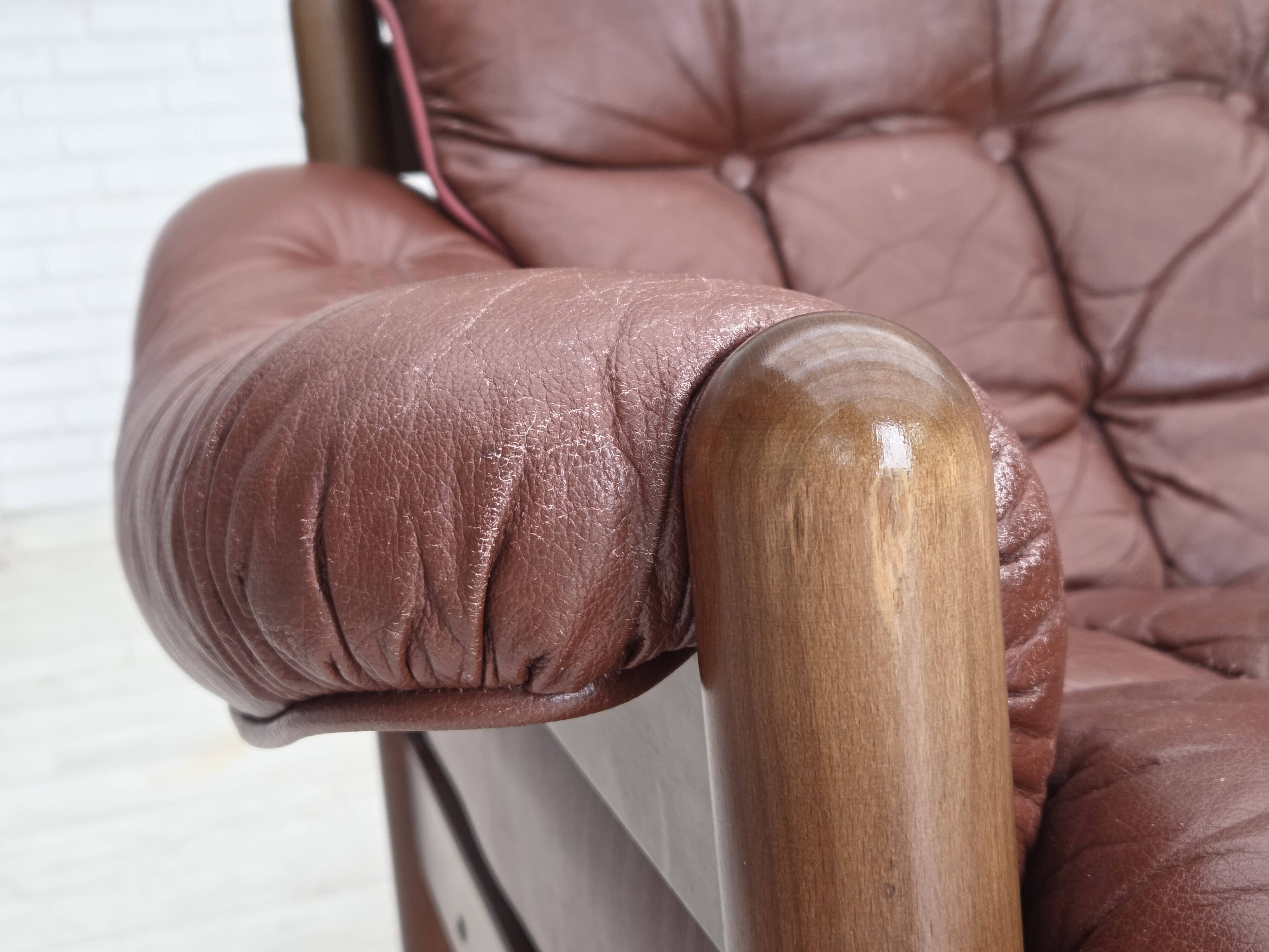 1970s, 2-seater Swedish sofa, brown leather with patina, dark beech wood.