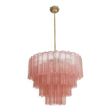 Mid Modern Italian Pink Murano Glass Cascading Suspension Lamp with Brass Frame