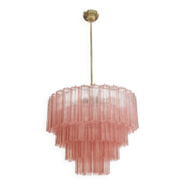 Mid Modern Italian Pink Murano Glass Cascading Suspension Lamp with Brass Frame