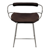 Tabouret de bar contemporain c. Dossier Métal Argent Vieilli et Cuir Brun Foncé