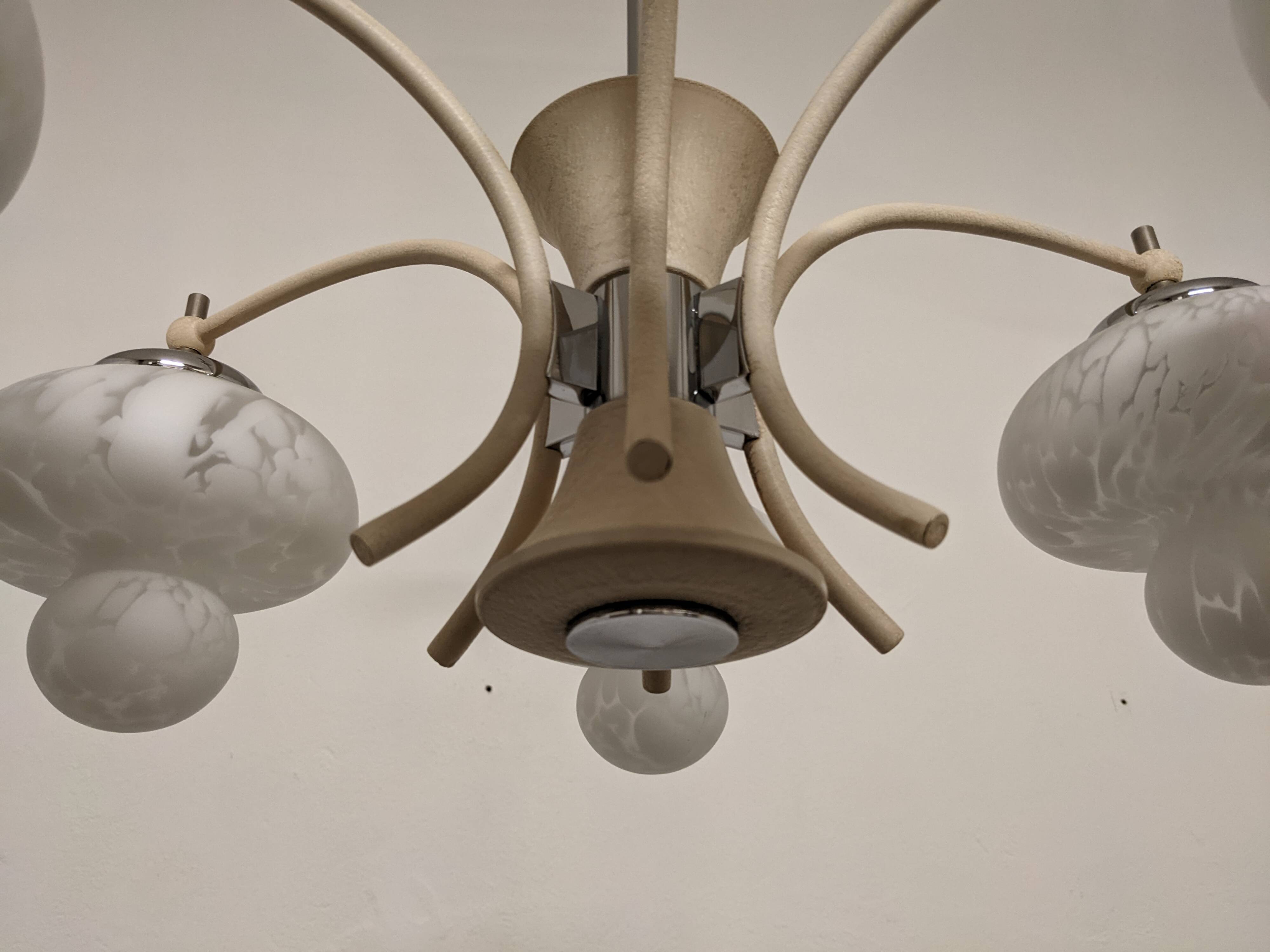 Space age chandelier with 6 frosted glass lights, Eastern Europe circa 1950.