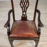 Late-19th Century English Walnut Chairs with Leather Upholstery, 1920s, Set of 4