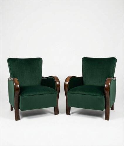Art Deco Velvet Lounge Chairs in Dark Green Velvet, Set of 2
