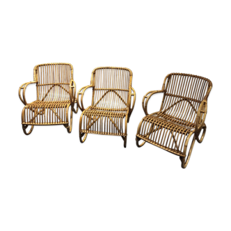 Set de trois fauteuils en rotin