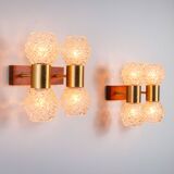 Pair of Swedish wall lamps with teak wood, brass and glass cup shade