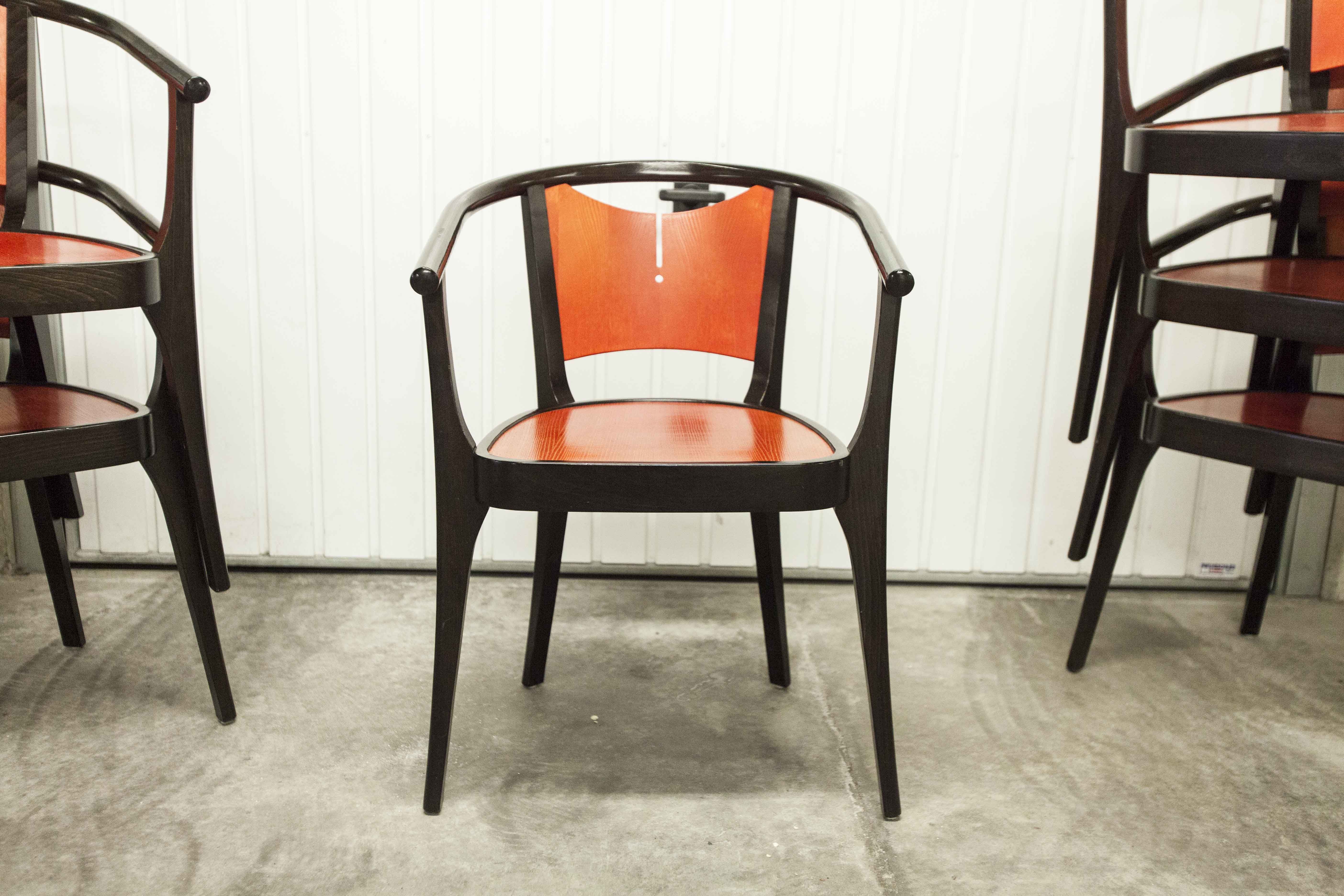 Table and 6 armchairs Baumann Diese, design Pagnon Pelhaître, Wenge color and red,
