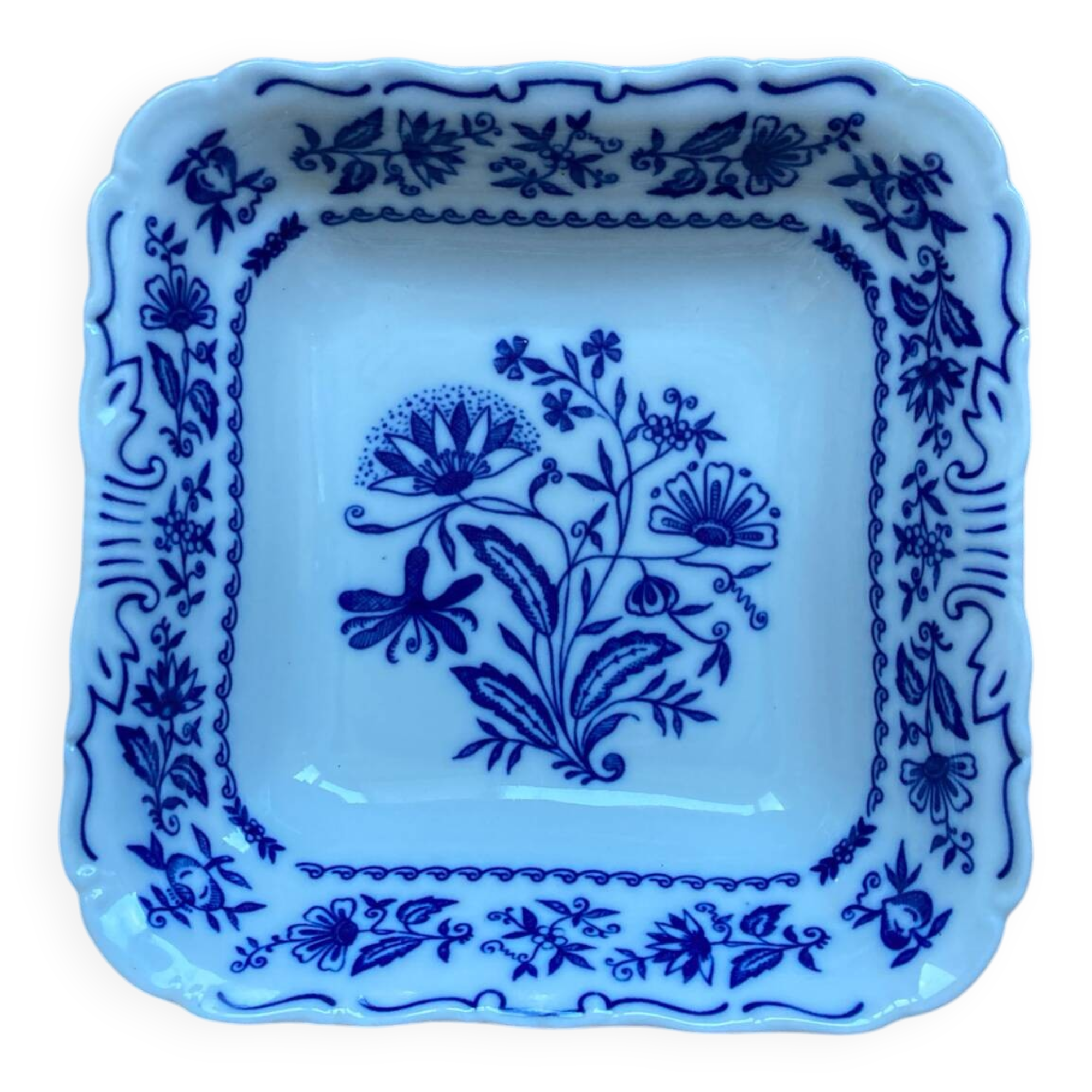 Square blue and white Czech porcelain salad bowl