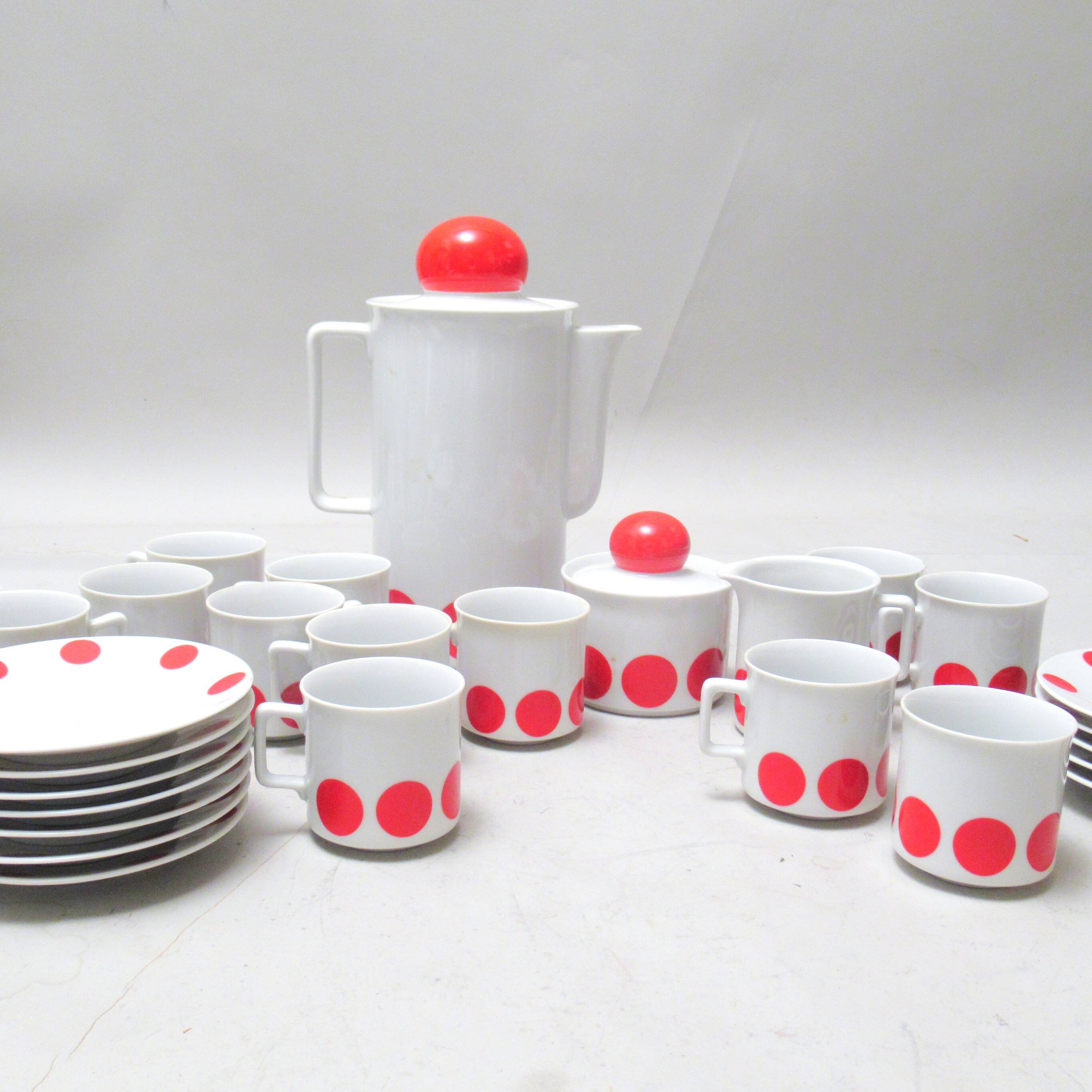 70s red polka dot porcelain coffee set