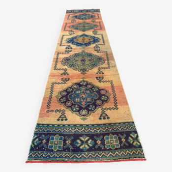 Tapis tribal vintage en laine, turc en détresse, 335x81 cm